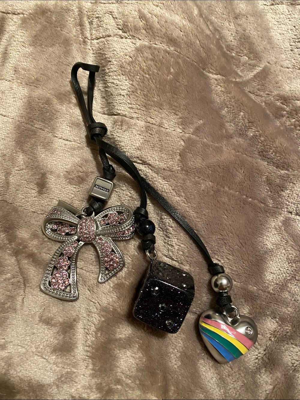 Coach Pink Crystal Bow & Rainbow Heart Triple Charm Keychain
